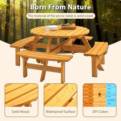 8-Person Outdoor Patio Fir Wood Round Picnic Dining Set with 4 Built-in Benches and Umbrella Hole