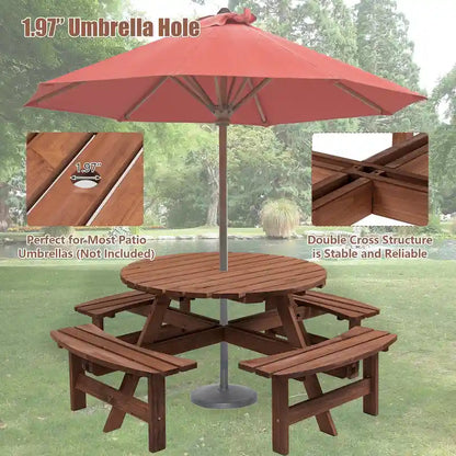 8-Person Outdoor Patio Fir Wood Round Picnic Dining Set with 4 Built-in Benches and Umbrella Hole