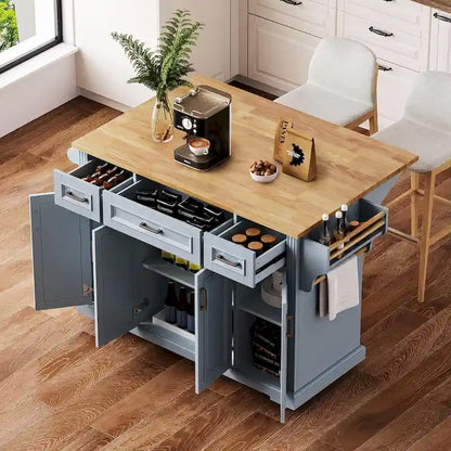 54 Large Kitchen Island with Rubber Wood Drop Leaf, Embossed Texture Rolling Kitchen Cart on 4 Wheels with 4 Doors & 3 Drawers