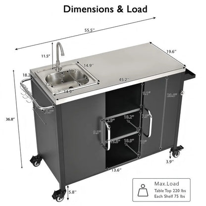 Outdoor Kitchen Island with Sink, Outdoor Bar Cart Sink Station with 4 Lockable Wheels