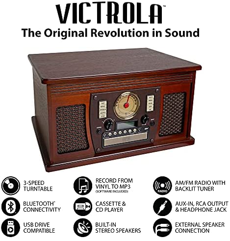 Victrola 8-in-1 Bluetooth Record Player & Multimedia Center, Built-in Stereo Speakers – Turntable, Wireless Music Streaming