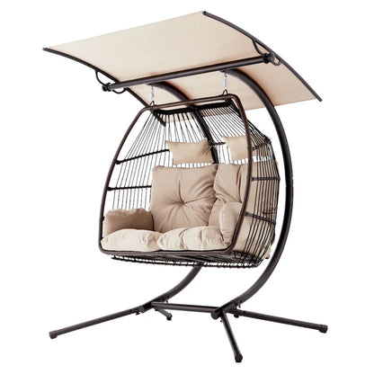 Outdoor Swing Loveseat with Stand, Foldable Hanging Chair, Hammock Cushion, and Awning, Double Egg Chair - Beige