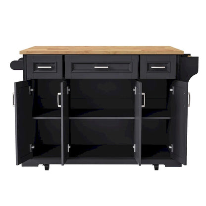 54 Large Kitchen Island with Rubber Wood Drop Leaf, Embossed Texture Rolling Kitchen Cart on 4 Wheels with 4 Doors & 3 Drawers
