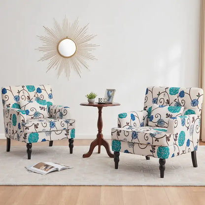 Set of 2 Arm Chair Upholstered Button Tufted Accent Chair with Lumbar Pillow Beige/ Grey/ Light Blue