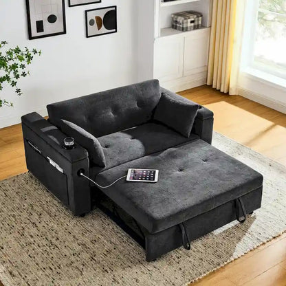 54 Pull-Out Sleeper Sofa Bed, 2 Seat Recliner Sofa Bed with Storage, Lumbar Pillow, USB Power Outlet