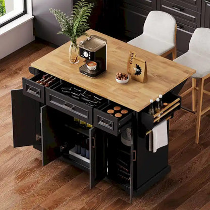 54 Large Kitchen Island with Rubber Wood Drop Leaf, Embossed Texture Rolling Kitchen Cart on 4 Wheels with 4 Doors & 3 Drawers