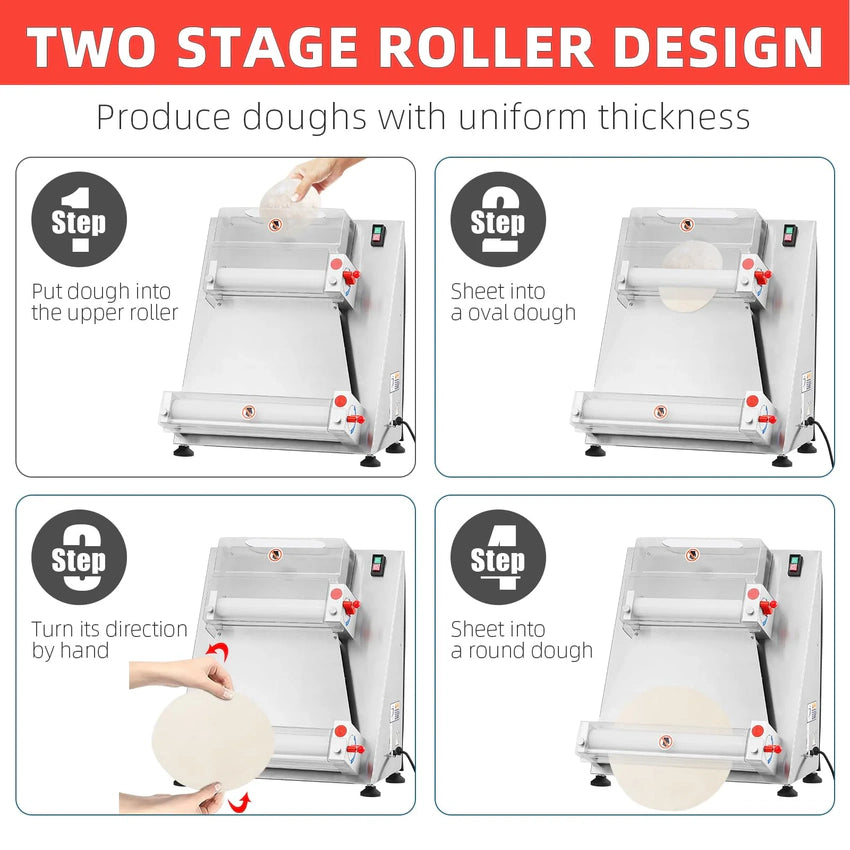 Commercial Pizza Dough Roller Sheeter, Max 16", Automatic 370W Electric Pizza Dough Roller, Stainless Steel, Suitable for Noodle, Pizza Bread and Pasta Maker Equipment