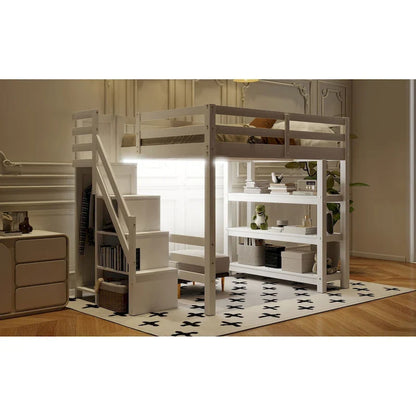 Full/Twin Loft Bed with Storage Stairs - Shelves, Wardrobe & LED Light, Space-Saving Design