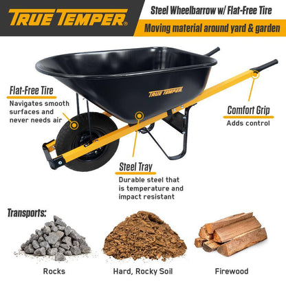 2025 True Temper R6STFFEC 6 cu. ft. Barrow in a Box Steel Wheelbarrow with Never Flat Tire and Steel Handles