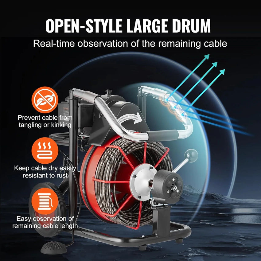 Drain Cleaner Machine 100FT x 1/2 Inch, Auto Feed Sewer Snake Auger on Wheels, 550W Portable Drain Cleaning Machine with 8 Cutters & Air-activated Foot Switch for 2" to 4" Pipes