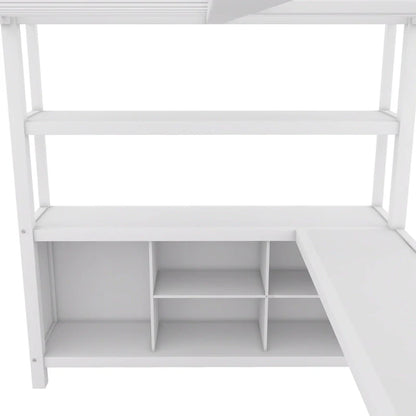 Off-White Metal Loft Bed with Desk and Wardrobe - Full Size