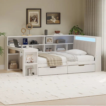 L-shaped Wooden Sofa Daybed with Desk, Bookcase Cabinet, Corner Bed with Under-bed Drawers, Upholstered Headboard Built-in Light