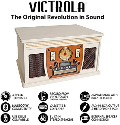 Victrola 8-in-1 Bluetooth Record Player & Multimedia Center, Built-in Stereo Speakers – Turntable, Wireless Music Streaming