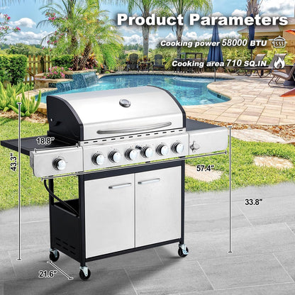 Upgraded 4 Burner BBQ Propane Gas Grill with Cast Iron Grates & Side Stove, 44,000 BTU Stainless Steel Burner Barbecue Grill for Patio, Camping, Outdoor Cooking MELLCOM