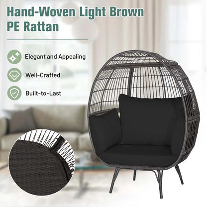 Oversized Wicker Egg Chair with 4 Cushions, Steel Frame Basket Chair Indoor Outdoor Patio Lounge Chair