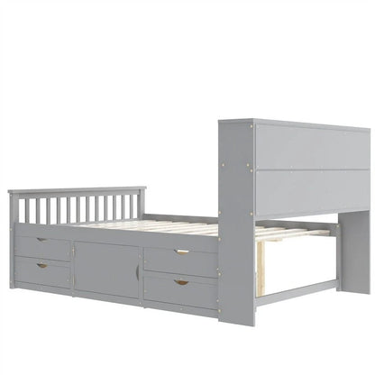Twin/Full Size Captain Platform Bed with 4 Drawers and Storage Shelves, Solid Wood Bed Frame with Storage Bookcase Headboard