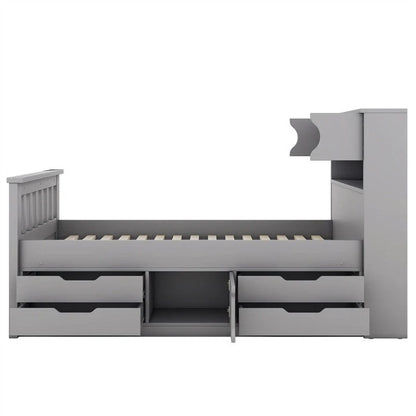 Twin/Full Size Captain Platform Bed with 4 Drawers and Storage Shelves, Solid Wood Bed Frame with Storage Bookcase Headboard