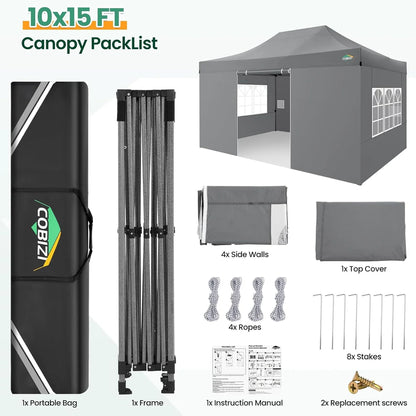 COBIZI 10x20 Heavy Duty Pop up Canopy Tent with 6 sidewalls Easy Up Commercial Outdoor Canopy Wedding Party Tents for Parties All Season Wind & Waterproof Gazebo with Roller Bag,Black(Frame Thickened)