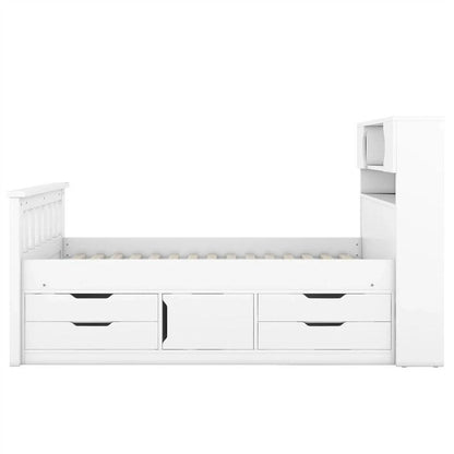 Twin/Full Size Captain Platform Bed with 4 Drawers and Storage Shelves, Solid Wood Bed Frame with Storage Bookcase Headboard