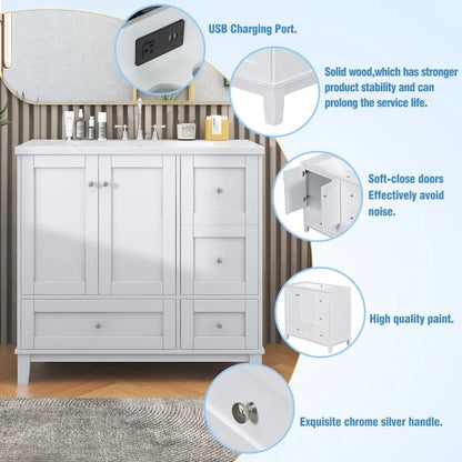 36 Inch Bathroom Vanity with USB Charging, Resin Sink, Solid Wood Frame, 3 Drawers Storage