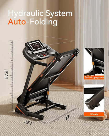 Home Treadmill 3HP Folding with Auto Incline & Bluetooth