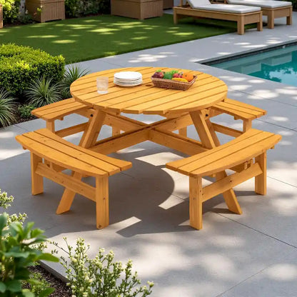 8-Person Outdoor Patio Fir Wood Round Picnic Dining Set with 4 Built-in Benches and Umbrella Hole
