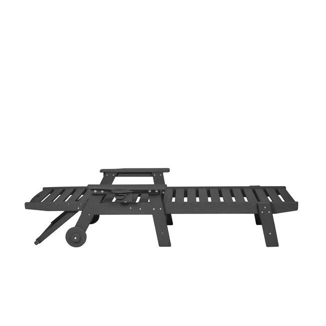 3-Piece Patio Set  2 Oversized Chaise Lounges (5-Position, Wheels, Cup Holder) + Side Table, All-Weather Wood Texture.