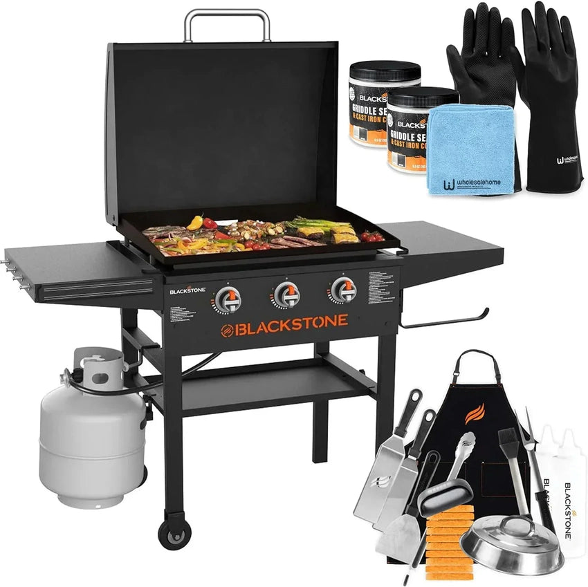 28 Inch Blackstone Griddle 2080 with Hood XL Griddle Original 3-Burner Outdoor Flat Top Grill, with Blackstone Griddle Accessories, Seasoning, and Wholesalehome Gloves and Cloth