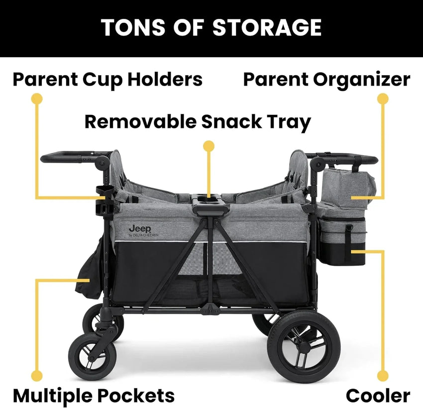 Jeep Wrangler Deluxe 4 Seater Stroller Wagon by Delta Children Premium Quad Stroller Wagon