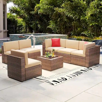 7 Pieces Outdoor Patio Furniture Sets Wicker Sectional Sofa PE Rattan Conversation Sets with Cushions