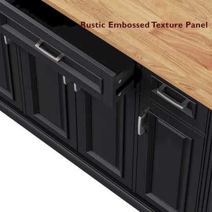 54 Large Kitchen Island with Rubber Wood Drop Leaf, Embossed Texture Rolling Kitchen Cart on 4 Wheels with 4 Doors & 3 Drawers