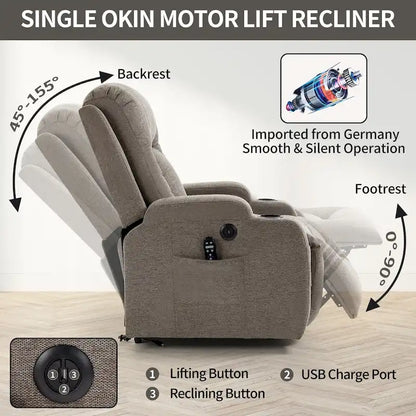 Lazy Boy Power Lift Recliner Chair, Modern Single Motor Massage Sofa Chair with Lumbar Heating, USB Charging Port, Cup Holders