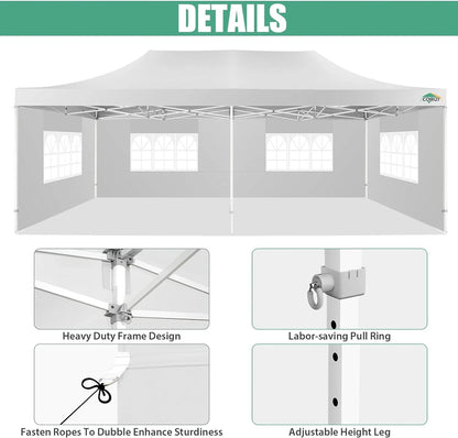 COBIZI 10x20 Heavy Duty Pop up Canopy Tent with 6 sidewalls Easy Up Commercial Outdoor Canopy Wedding Party Tents for Parties All Season Wind & Waterproof Gazebo with Roller Bag,Black(Frame Thickened)
