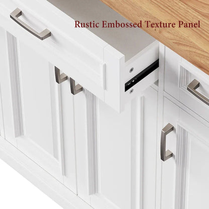 Large Kitchen Island with Wood Drop Leaf, Embossed Texture Rolling Kitchen Cart wDoors and Drawers wStorage for Kitchen, White