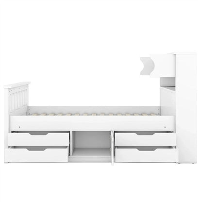 Twin/Full Size Captain Platform Bed with 4 Drawers and Storage Shelves, Solid Wood Bed Frame with Storage Bookcase Headboard