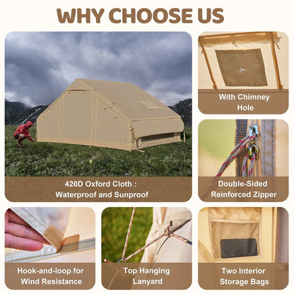 6 Person Inflatable Camping Tent with Pump, 10ft x7ft Glamping Family Tent Easy Setup 4 Season Waterproof Windproof Outdoor Blow Up Tent Luxury Oxford Cabin with Mesh Windows & Doors  sgtnighsdesigns