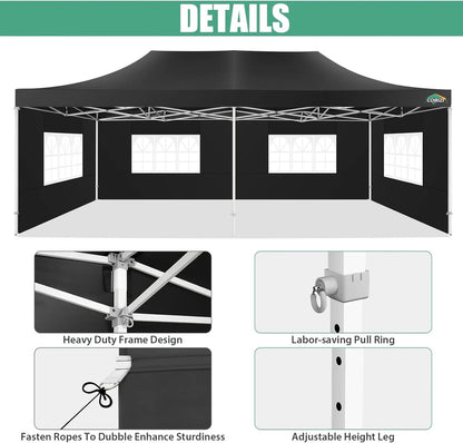 COBIZI 10x20 Heavy Duty Pop up Canopy Tent with 6 sidewalls Easy Up Commercial Outdoor Canopy Wedding Party Tents for Parties All Season Wind & Waterproof Gazebo with Roller Bag,Black(Frame Thickened)