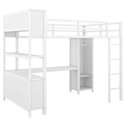 Off-White Metal Loft Bed with Desk and Wardrobe - Full Size