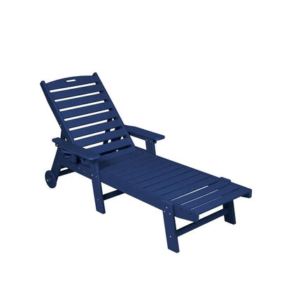 3-Piece Patio Set  2 Oversized Chaise Lounges (5-Position, Wheels, Cup Holder) + Side Table, All-Weather Wood Texture.