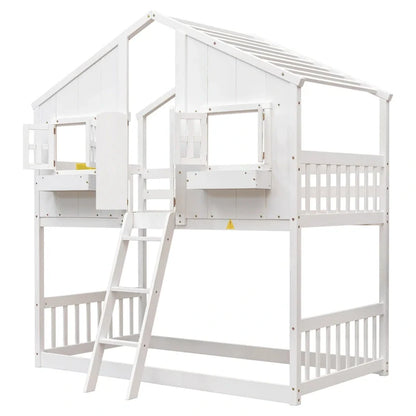 Twin over Twin House Bunk Bed with Roof , Window, Window Box, Door , with Safety Guardrails and Ladder, Grey