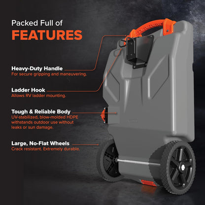 36-Gallon Portable Camper / RV Tote Tank - Features Large Heavy-Duty No-Flat Wheels & Built-In Gate Valve - Removable Steel Tow Adapter, 3 ?RV Sewer Hose & More RV Accessories (39006)