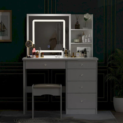White Makeup Vanity Set with LED Mirror and Stool - 39.4" Wide