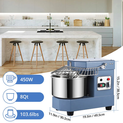 2025  8Qt Commercial Food Mixer, 450W Dual Rotating Dough Kneading Machine w Food-grade Stainless Steel Bowl, Security Shield & Timer, Commercial