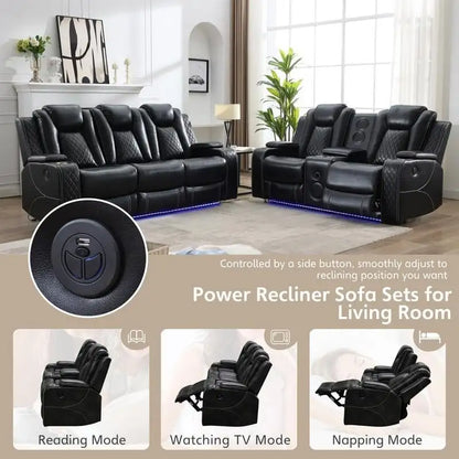 Power Reclining Sofa with Wireless Charger,Reading Light for Living Room,Faux Leather LED Light,AC/USB Port,Cup Holder,Black