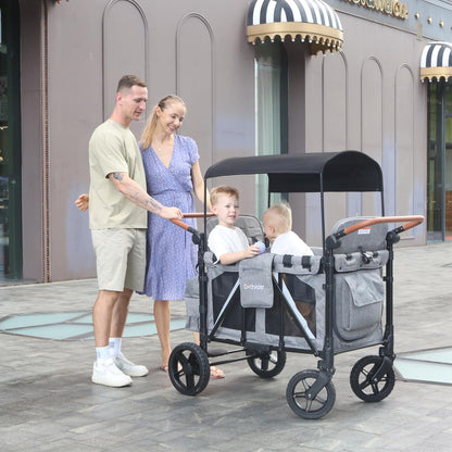 All-Terrain 4 Seater Wagon Stroller for Kids - Heavy-Duty 300lb Capacity, One-Hand Fold Design, High Seats with 5-Point Harness, Adjustable Canopy and Handlebars, Light Grey