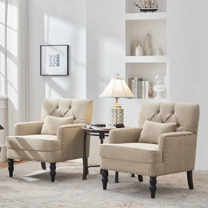 Set of 2 Arm Chair Upholstered Button Tufted Accent Chair with Lumbar Pillow Beige/ Grey/ Light Blue