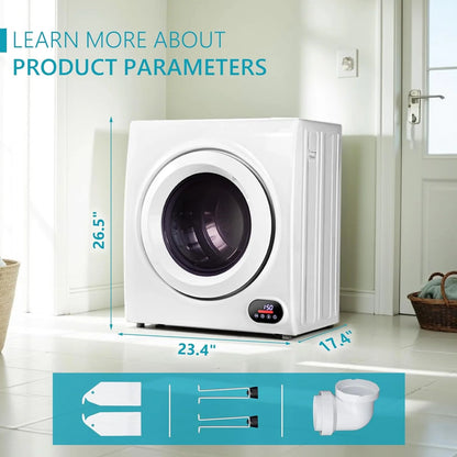 Compact Laundry Dryer, 3.5 cu ft Front Load Stainless Steel Clothes Dryers With Exhaust Pipe, 1500W, LCD Control Panel Four-Function Portable Dryer For Apartments, Home, Dorm, White