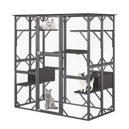71" Tall Large Cat House Outdoor Catio Kitty Enclosure, Walk-in Cat Kennel Condo, Wooden Cat Cage Playpen with 7 Platforms