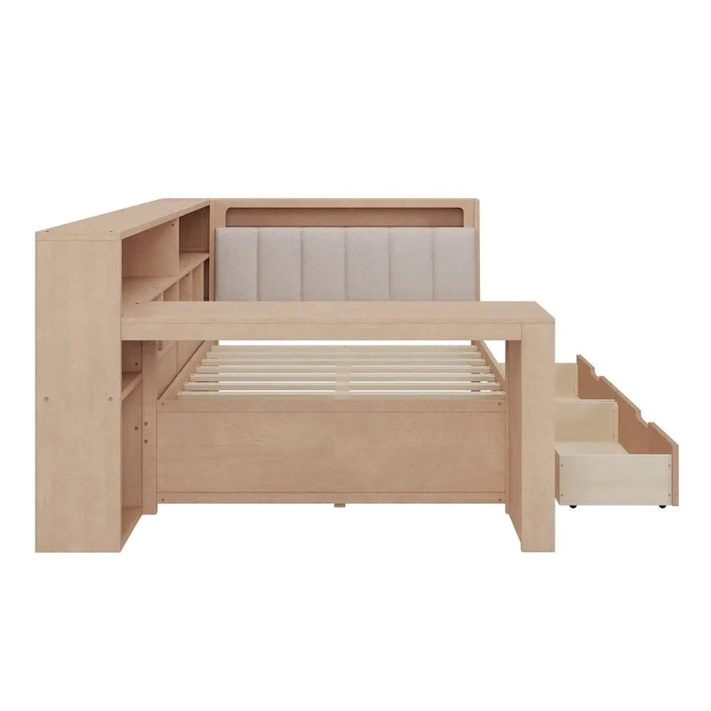 L-shaped Wooden Sofa Daybed with Desk, Bookcase Cabinet, Corner Bed with Under-bed Drawers, Upholstered Headboard Built-in Light