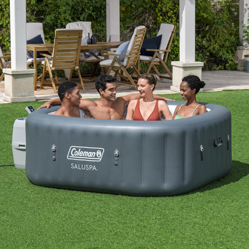 Coleman SaluSpa Atlantis AirJet 4 to 6 Person Inflatable Hot Tub Square Portable Outdoor Spa with 140 Soothing Jets with Cover, Blue